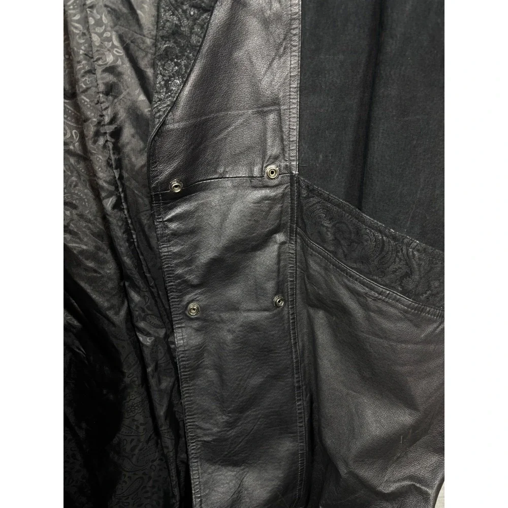 Vtg G-III Black Leather Coat‎ Womens M Suede Paisley Trench Duster Jacket